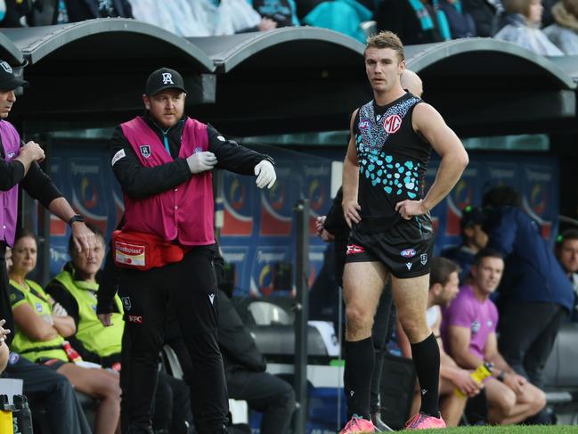 Jason Horne-Francis on the bench after being injured on Saturday.