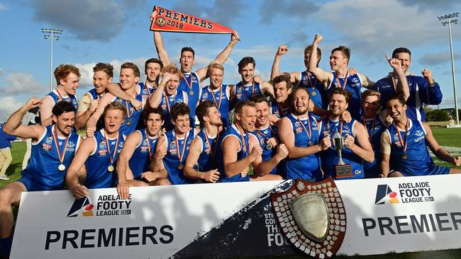 Adelaide Footy League, Division 2 premiers St Peters players celebrate after the siren. Picture: Tom Huntley