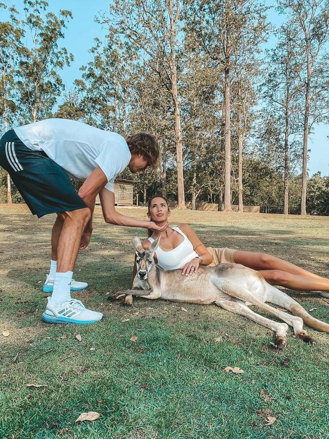 The couple with a roo in Brisbane. Picture: @brendapatea/Instagram