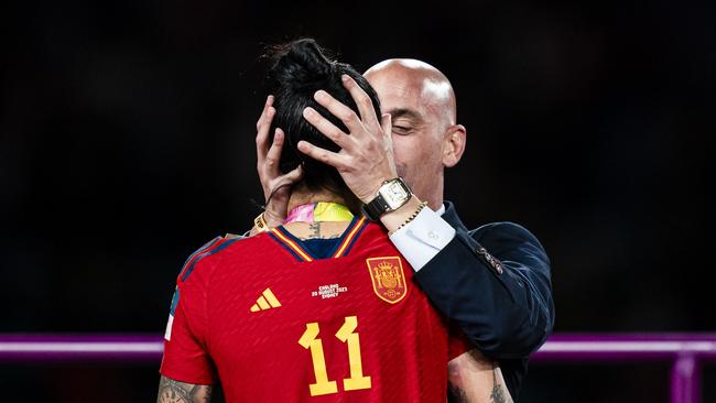 President of the Royal Spanish Football Federation Luis Rubiales (R) kisses Jennifer Hermoso of Spain during the medal ceremony of FIFA Women's World Cup. Picture: Noemi Llamas/Eurasia Sport Images/Getty Images