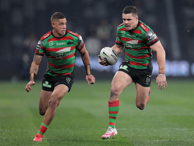 SYDNEY, AUSTRALIA - JULY 10: James Roberts of the Rabbitohs scores a try with Dane Gagai of the Rabbitohs in support during the round nine NRL match between the South Sydney Rabbitohs and the Wests Tigers at Bankwest Stadium on July 10, 2020 in Sydney, Australia. (Photo by Matt King/Getty Images)