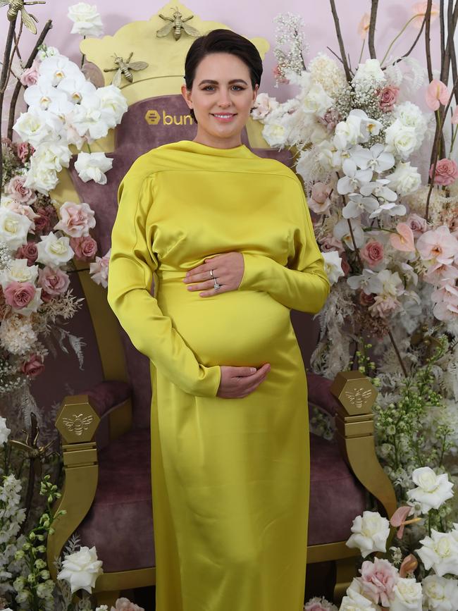 Jesinta Franklin cradles her baby bump. Picture: AAP Image/Julian Smith