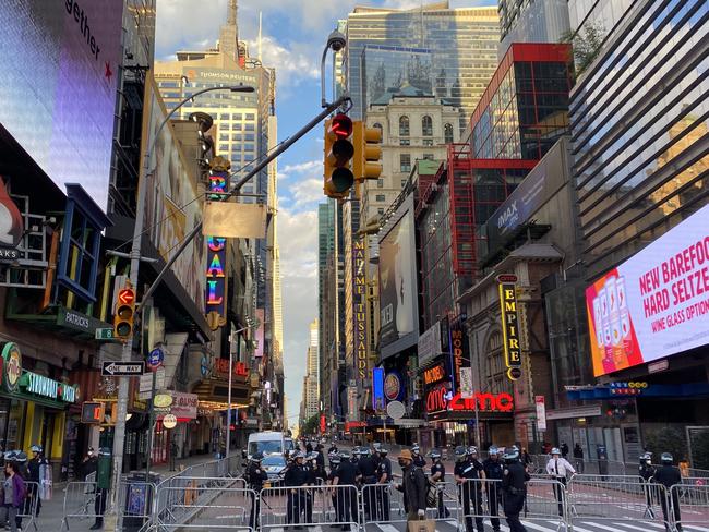 Heavily armed police barricading streets in the heart of New York City. Picture: Megan Palin