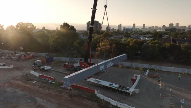 The largest wooden beam in Australia arrives in Adelaide at the new aquatic centre worksite. Picture: Dept of Transport and Infrastructure