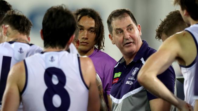 Ross Lyon talks to his team at three quarter time. Picture: AAP Images