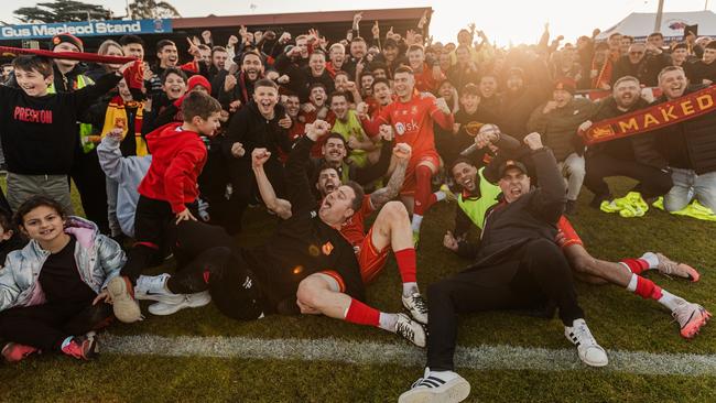 Preston Lions celebrate promotion to NPL. Picture: Matt Johnson