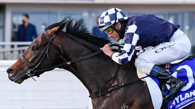 Russian Camelot (IRE) ridden by Damien Oliver wins the Hyland Race Colours Underwood Stakes at Caulfield Racecourse on September 26, 2020 in Caulfield, Australia. (Reg Ryan/Racing Photos via Getty Images)