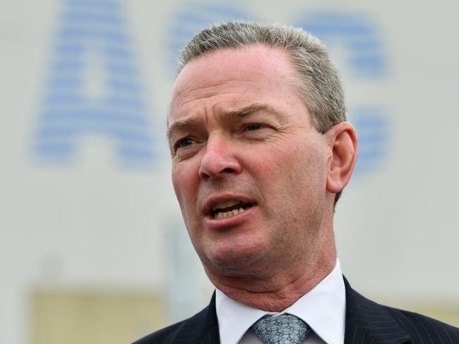 Minister for Defence, the Hon Christopher Pyne MP is seen during a visit to the shipyard yard at Osborne, Adelaide. Friday, December 14, 2018.  The event marks the steel raising ceremony and contract signing of the new Hunter Class Frigates that are to be built in Osborne. AAP Image/David Mariuz) NO ARCHIVING.