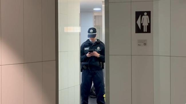 A crime scene was established in the toilets of Westfield Miranda after an explosion. Picture: 7News
