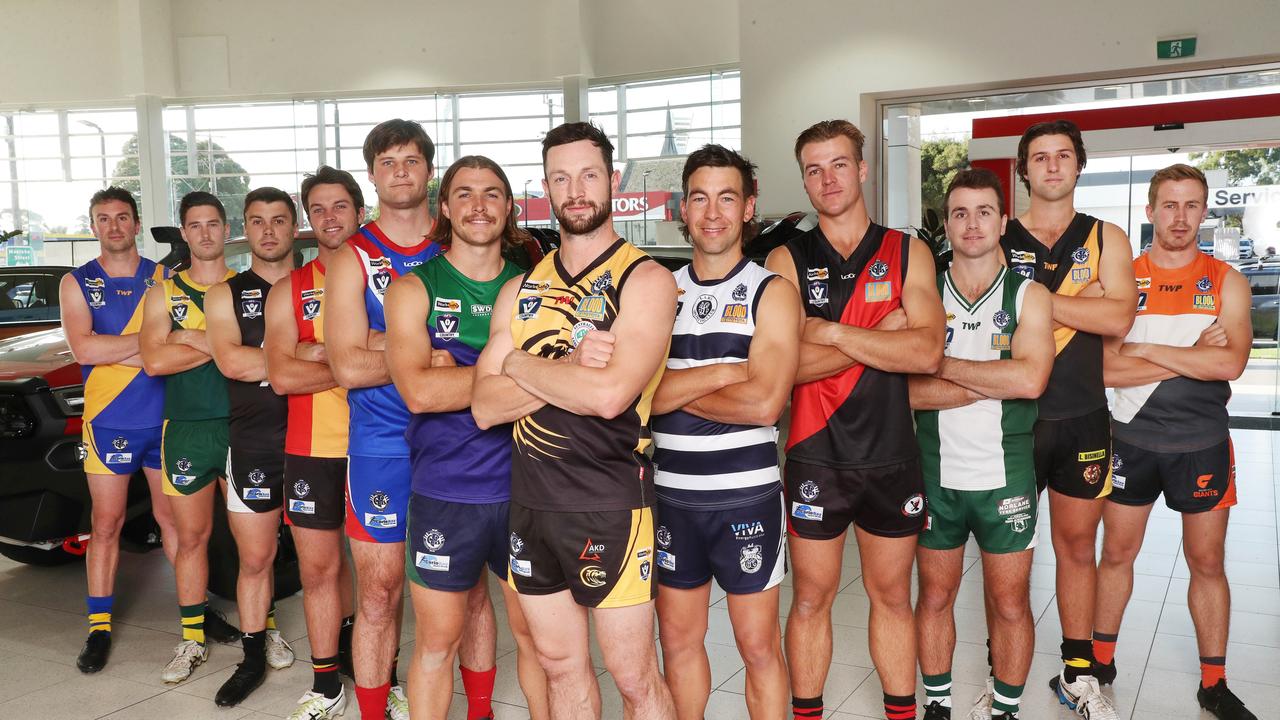 Captains at GFL season launch. Patrick Cleary (North Shore), Tom Gordon (Leopold), Brent Vermeulen (St Albans), Alex Hickey (St Joseph's) Matt Caldow (South Barwon), Harry Benson (South Barwon), Darcy Lang(Colac), Matt Spence (Lara), Lachlan Bond (Newtown and Chilwell), Lachie Patten (Bell Park), Brady Campi (Grovedale) and David Peel (GW Giants). Picture: Alan Barber