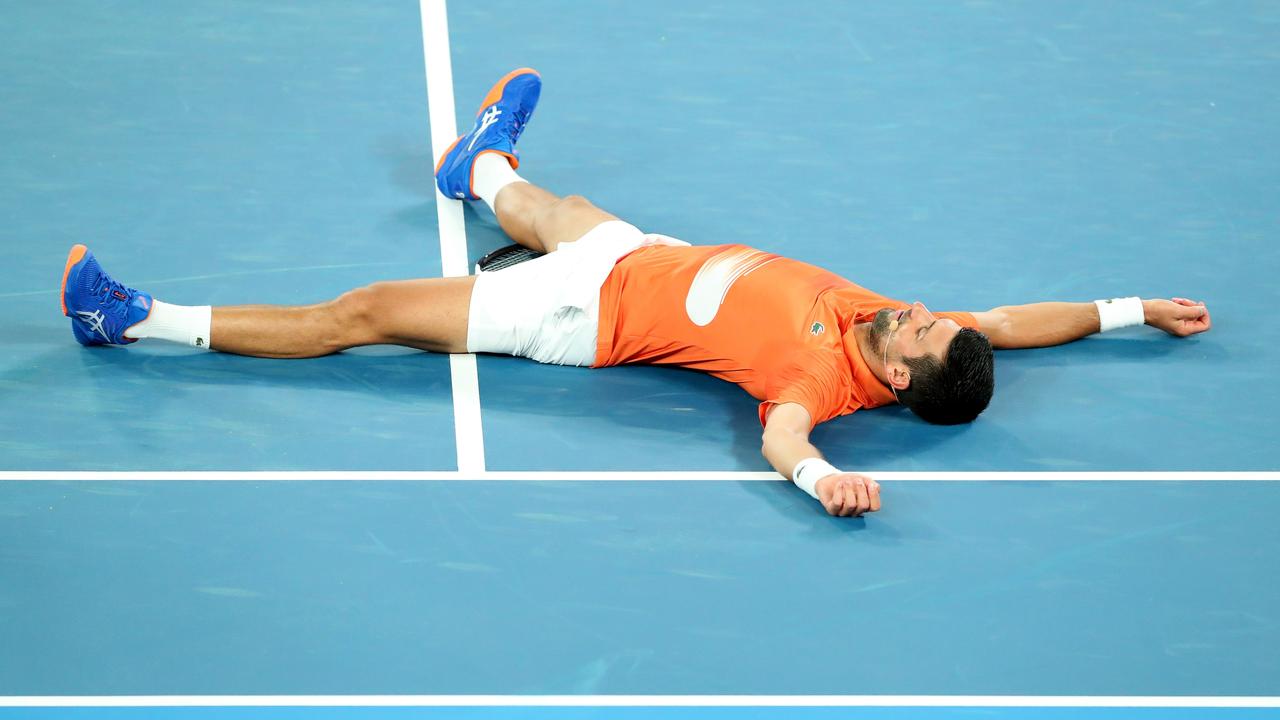 Novak Djokovic was floored during his charity match with Kyrgios. Picture: Getty