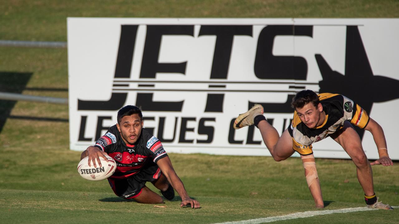 Alex Hinch crosses for one of his three tries against Gatton. Picture: Bruce Clayton Photgraphy