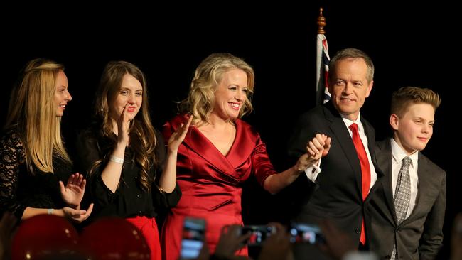 Bill Shorten was joined on election night by his wife Chloe and children Rupert and Georgette and cousin Alexandra (left). Picture: Stuart McEvoy for The Australian