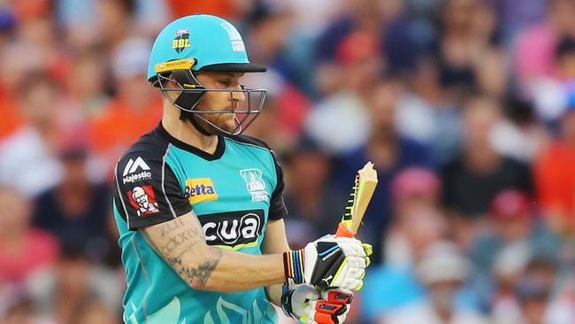 Brendon McCullum looks at his shattered bat. Symbolic. Picture: Michael Dodge