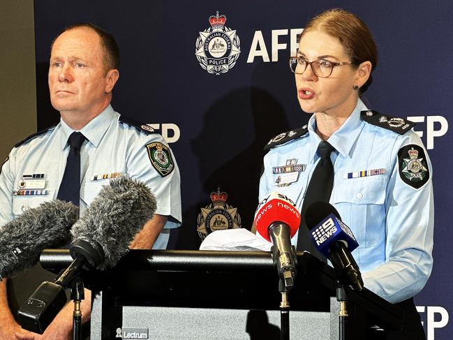 NSW Assistant Police Commissioner Michael Fitzgerald and federal police Assistant Commissioner Justine Gough address the media about a former childcare worker being charged with 1623 child abuse offences against 91 children. Picture: Mohammad Alfares