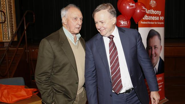 Former Prime Minister of Australia, Paul Keating and Anthony Albanese addressing the Labor campaign in the seat of Grayndler in 2016, at Petersham town hall. Picture: Mitch Cameron