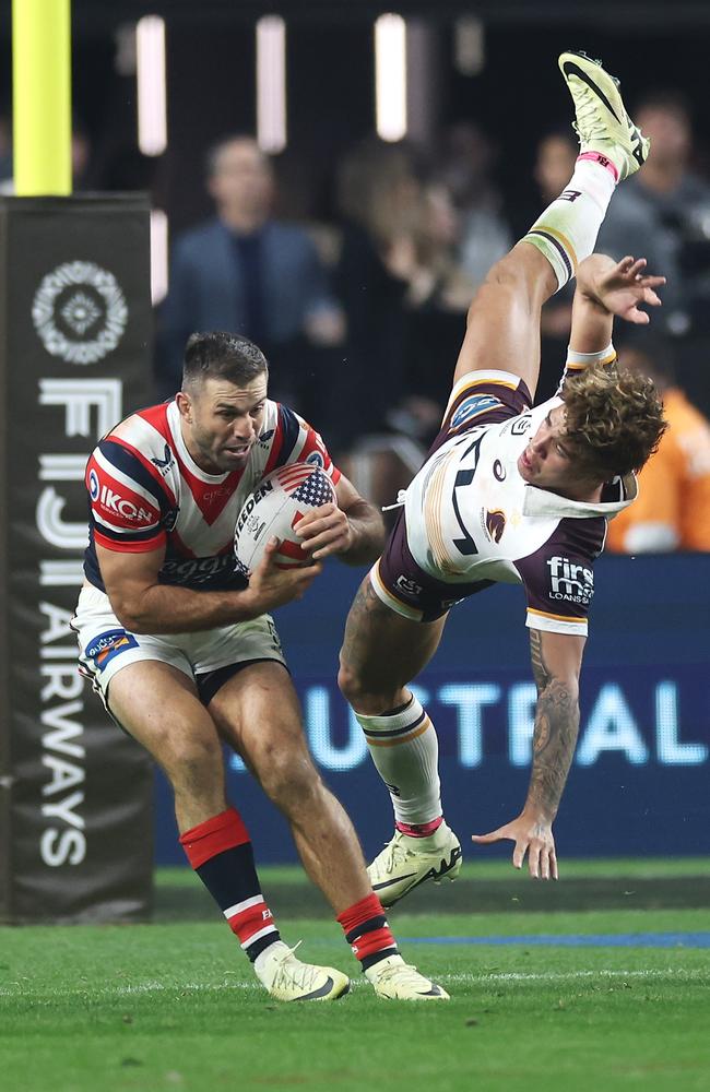 James Tedesco of the Roosters (L) and Reece Walsh of the Broncos (R) are both in Rob’s team (for now). Picture: Ezra Shaw/Getty Images