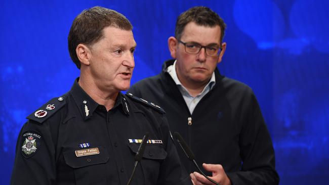 Victoria Police Chief Commissioner Shane Patton and Premier Daniel Andrews address the media about the incident on Bourke on Friday night. Picture: Josie Hayden