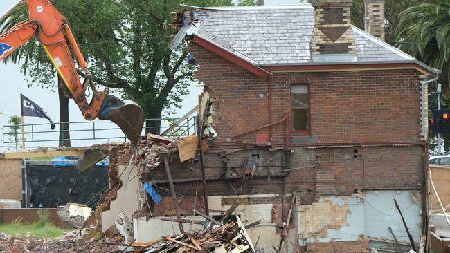 Demolition of the old heritage building next to the convention centre site started at the corner of Western Beach Rd and Gheringhap St. Picture: Mark Wilson
