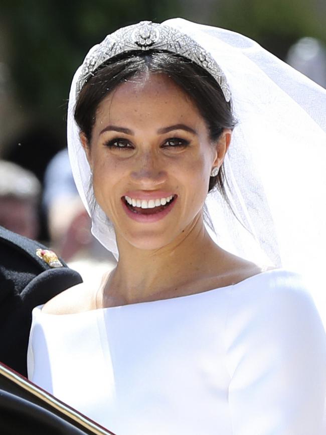 A fashion moment in history, where Meghan Markle wore an iconic Clare Waight Keller for Givenchy wedding gown. Picture: AP