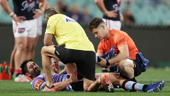 Shaun Johnson on the turf after tearing his achilles. Picture: Mark Metcalfe/Getty Images