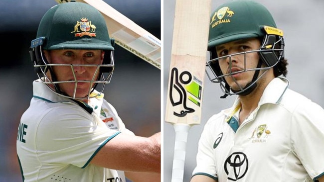 There are growing calls to get Sam Konstas (right) into the Test team, as Australia’s top order looked shaky at the Gabba. Photos: Getty.