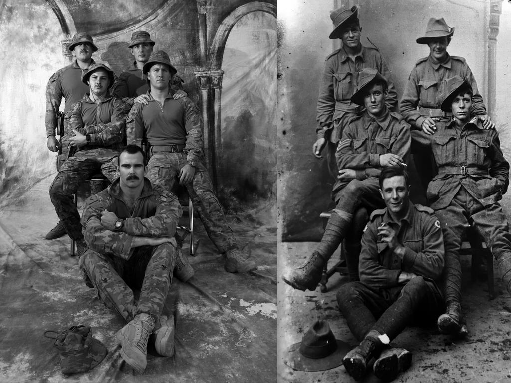 Left side photo: Back L-R: PTE Branden Forbes, 24, PTE Tom Foster, 25, Middle L-R: PTE Nathan Prentice, 23, PTE Gavin Trydgett, 26, LCPL Lachlan Davis, 26. Picture: Gary Ramage Right side photo: This was taken in France during WW1 of Aussie diggers. Back left: PTE Ernest Cruickshank. Left middle seated: SGT Angus Wilson of the 4th Australian Pioneer Battalion who was awarded the Military Medal for heroism.