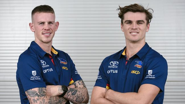 Crows draftees Ben Crocker and Ben Keays during an Adelaide Crows media opp in Adelaide, Monday, December 2, 2019. (AAP Image/Roy Vandervegt) NO ARCHIVING