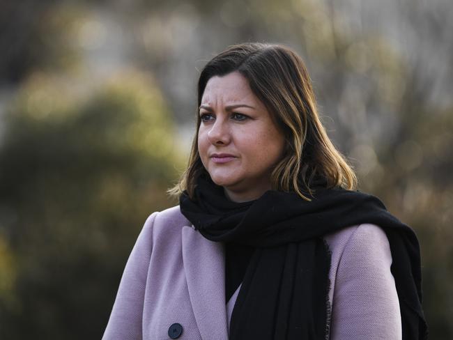 Labor candidate for the seat of Eden-Monaro Kristy McBain speaks to the media during a visit to Thredbo in NSW, Friday, June 19, 2020. (AAP Image/Lukas Coch) NO ARCHIVING