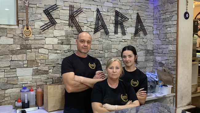 SKARA Greek Street Food owner Con Birbas and staff Mel Chadwick and Dayle Russell following the announcement of SA's six-day lockdown.