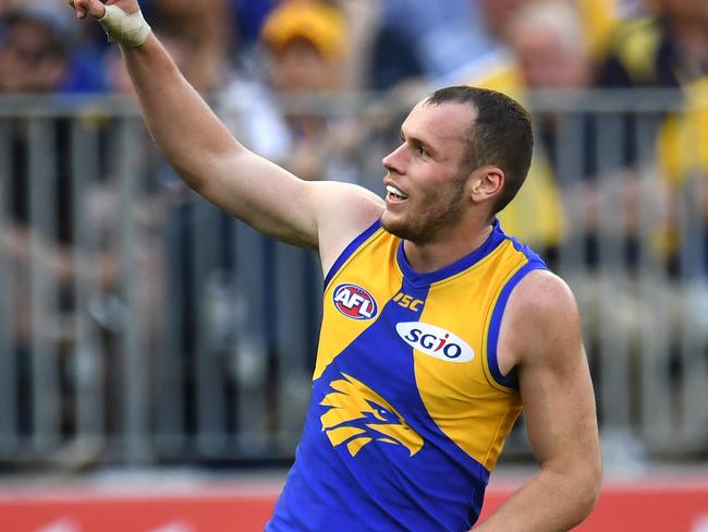 Daniel Venables of the Eagles reacts after kicking a goal during the Second Preliminary Final between the West Coast Eagles and the Melbourne Demons at Optus Stadium in Perth, Saturday, September 22, 2018. (AAP Image/Julian Smith) NO ARCHIVING, EDITORIAL USE ONLY