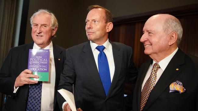 Kevin Donnelly, left, with former prime minister Tony Abbott and broadcaster Alan Jones at the Sydney launch.