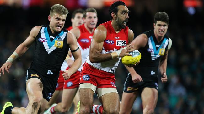 Champion Adam Goodes in full flight for the Swans. Picture: Phil Hillyard