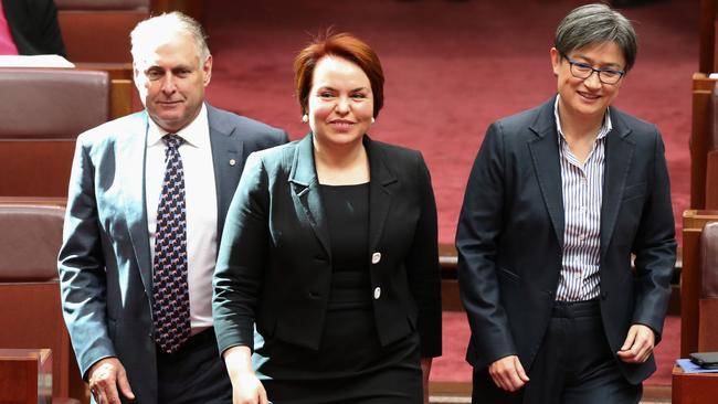 Don Farrell, left, Kimberley Kitching and Penny Wong in the Senate Chamber in Federal Parliament, Canberra, in 2016. Picture: Ray Strange.