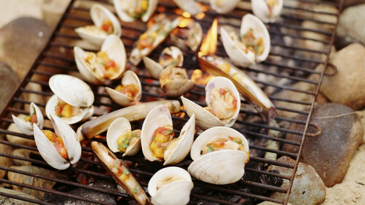 Baked clams on outdoor barbecue