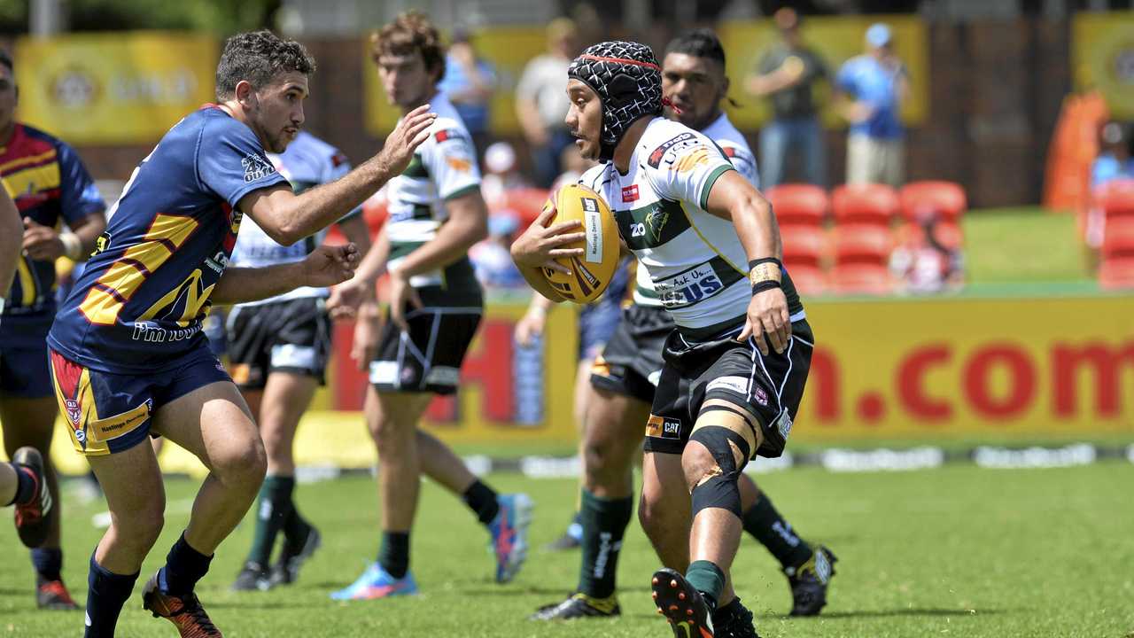 COLTS FIGHTBACK: Wally Pegler, of Western Mustangs, pursues Ipswich Jets player Austin Masiutama in last Sunday's under 20 rugby league match in Toowoomba. The Jets Colts fought strongly in the second half to lose 26-20. Picture: Kevin Farmer