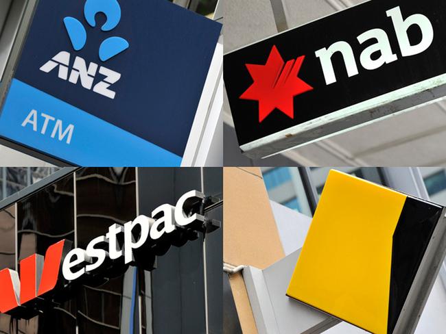 **RETRANSMISSION OF IMAGE ID 20151026001192454952 RESIZED** A composite image of signage of Australia's 'big four' banks ANZ, Westpac, the Commonwealth Bank (CBA) and the National Australia Bank (NAB) signage in Sydney, Friday, Oct. 23, 2015. (AAP Image/Joel Carrett) NO ARCHIVING