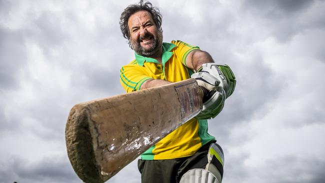 Mick Molloy at the crease filming The Front Bar cricket specials. Picture: Jake Nowakowski