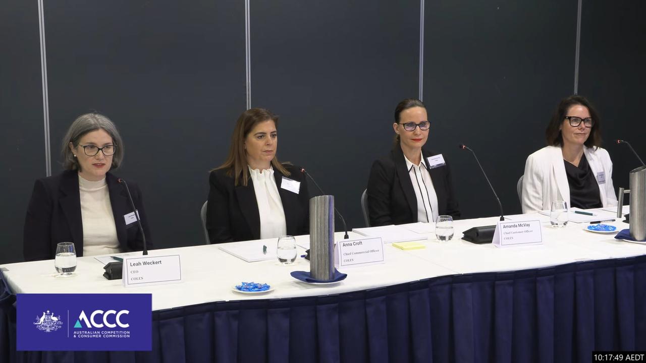 Coles CEO Leah Weckert and chief commercial officer Anna Croft (second from left) appearing before a ACCC public hearing as part of its ongoing supermarkets inquiry.