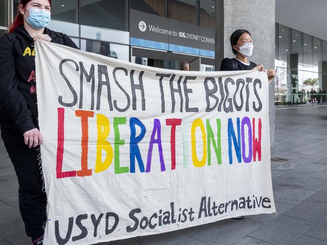 SYDNEY, AUSTRALIA, NCA NewsWire, Saturday, 1 October 2022Protesters pictured outside the CPAC Conference held at the ICC Sydney.NSW Picture: NewsWire / Monique Harmer