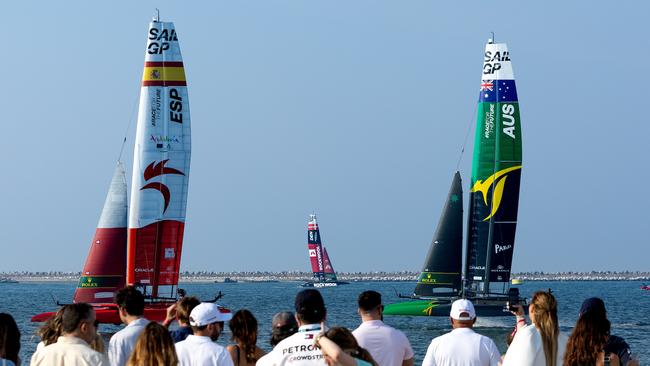 Spain SailGP Team helmed by Diego Botin leads Australia SailGP Team helmed by interim driver Jimmy Spithill on day one. Picture: Kieran Cleeves SailGP.