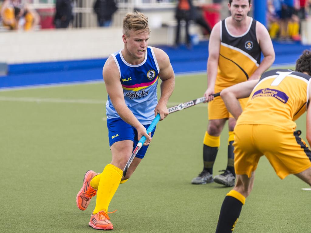 Carter Mogg (left) of Toowoomba 1 against Sunshine Coast in Hockey Queensland Championships at Clyde Park, Sunday, May 2, 2021. Picture: Kevin Farmer