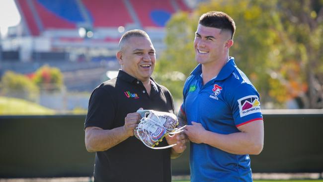 Owen Cragie (left) with Best at the Newcastle Knights Centre of Excellence. Picture Liam Driver