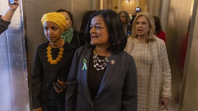 Representatives Ilhan Omar, Pramila Jayapaland and Carolyn Maloney chant ‘my body, my decision’ on the Senate side of the US Capitol on Wednesday. Picture: AFP