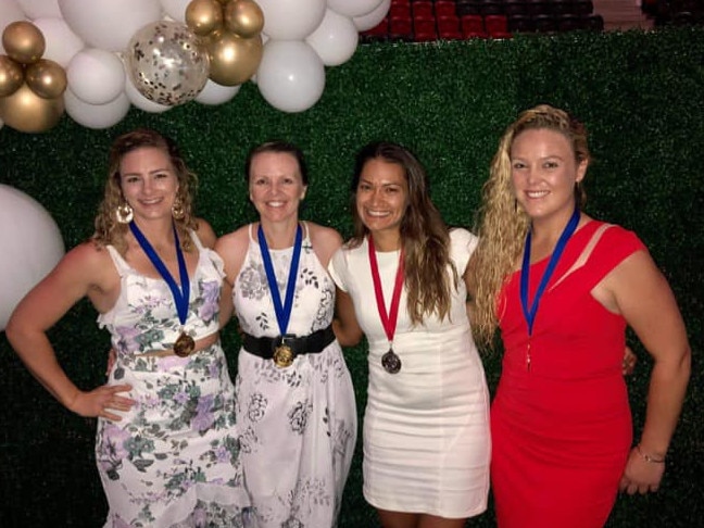 Waratah Netball Club 2020 best and fairests: Premier League runner-up Sarrita King (second from right) with respective award winners – Jasmine Childs (Division 4), Katrina Slidders (Division 3) and Ellie Williams (Division 2). Picture: Facebook