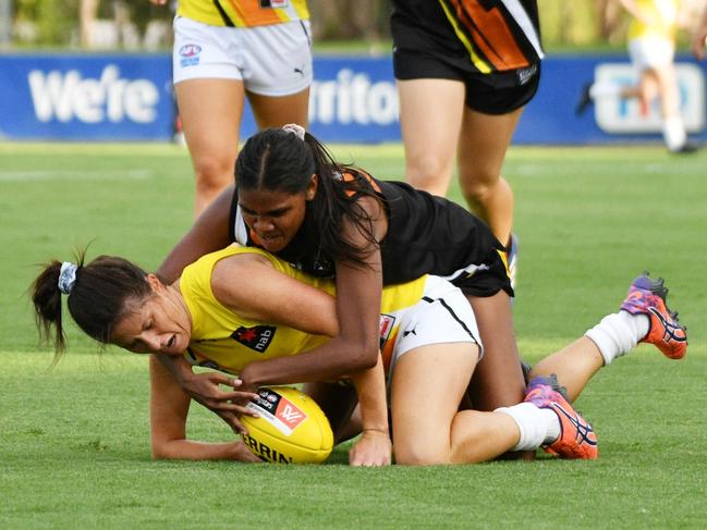 Palmerston co-captain Janet Baird – one of the best on ground for Team Ponter in the Territory All-Stars match last Friday – is a big chance of being picked up by an AFLW club after the Draft Combine on the Gold Coast on Saturday. Picture: AARON BLACK/AFL PHOTOS