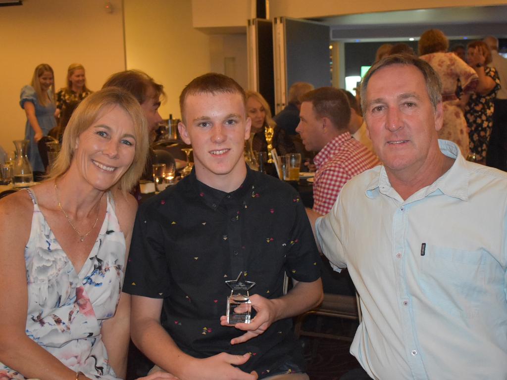 Teena Pettigrew (left), Jake Pettigrew and Graeme Pettigrew at Magpies awards night, October 29, 2021. Picture: Matthew Forrest