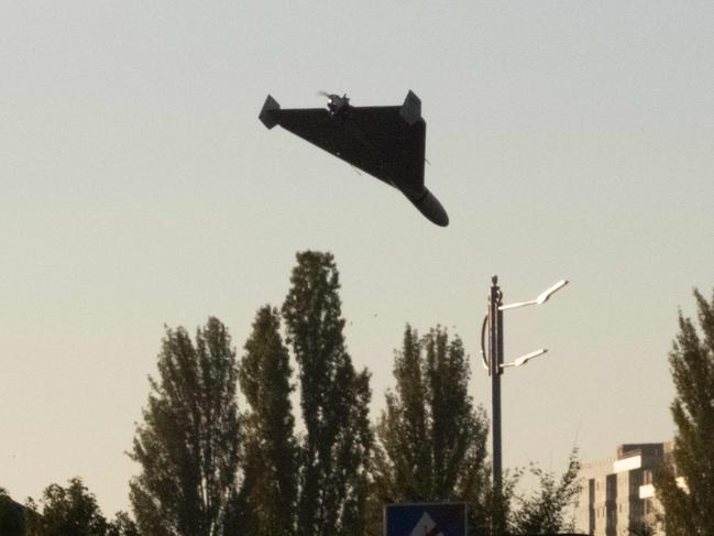 A drone approaches for an attack in Kyiv on October 17, 2022.