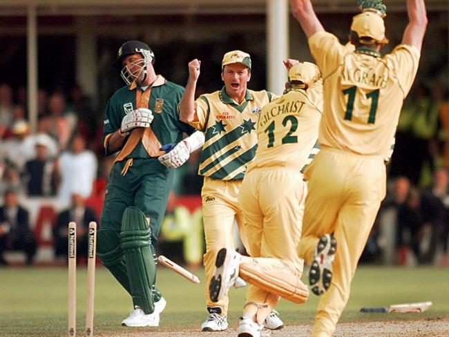 Steve Waugh (centre) celebrates the match-winning run out of Allan Donald at Edgbaston in 1999. Picture: File