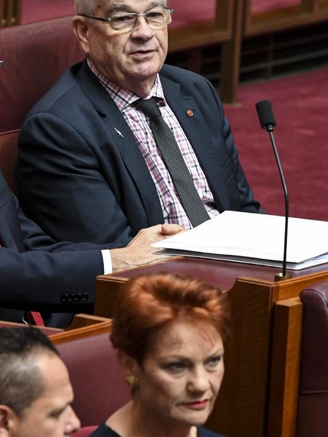 Senator Pauline Hanson (bottom) and United Australian party Senator Brian Burston at Parliament House in Canberra. Picture: AAP/Lukas Coch